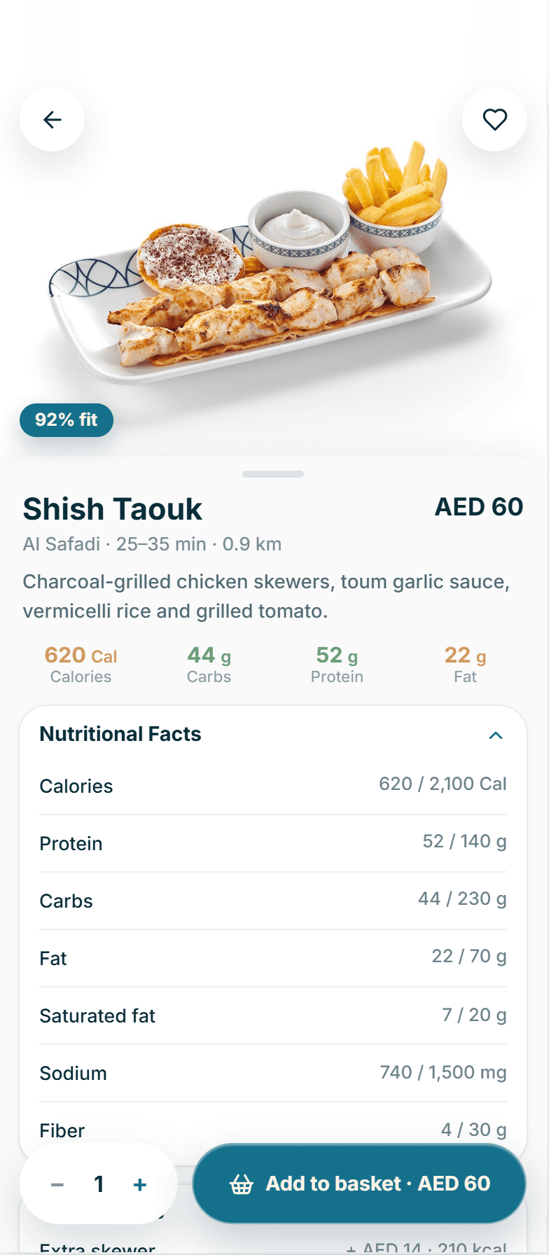A dish detail screen showing full nutritional facts