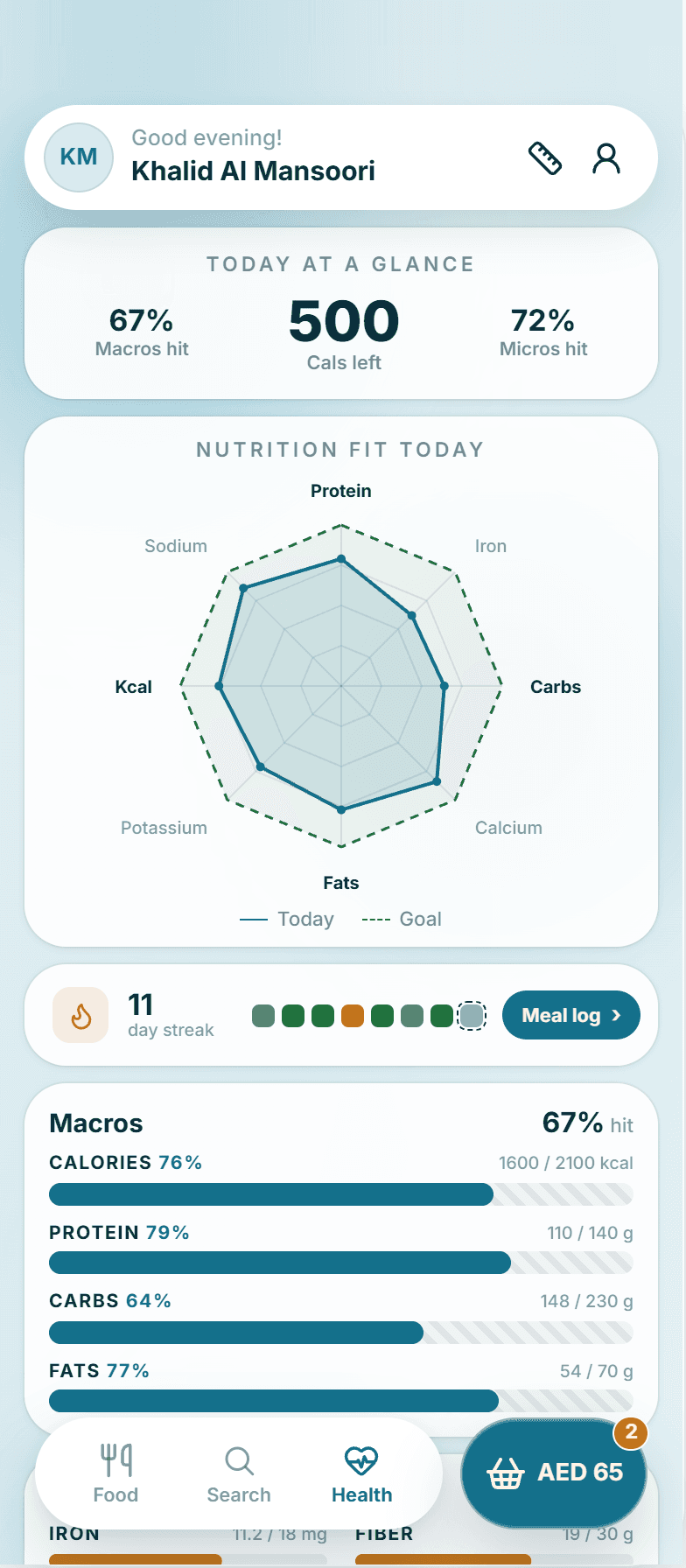 The Mizan envelope and health tracking screen